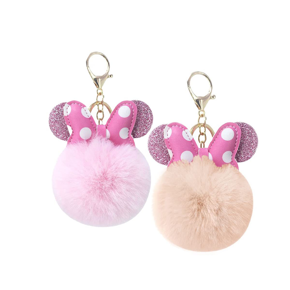 Sunwel Fashion Cute Pom Pom Keychain- Mouse Ears & Polka-dot Bow Fluffy Fur Ball Keyring Charm Handbag Pendant (BEIGE/PINK)