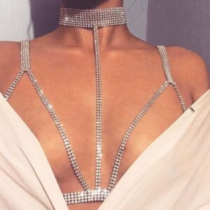 Chargances Silver Crystal Body Chain Necklace Sparkly Sexy Bra Body Chest Chain Bikini Rhinestone Body Chain Accessories for Women and Girls Party Prom Beach (Silver)