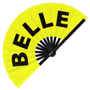 belle hand fan foldable bamboo circuit hand fan funny gag french words slang expressions statement gifts festival accessories rave handheld circuit event fan clack fans (yellow)