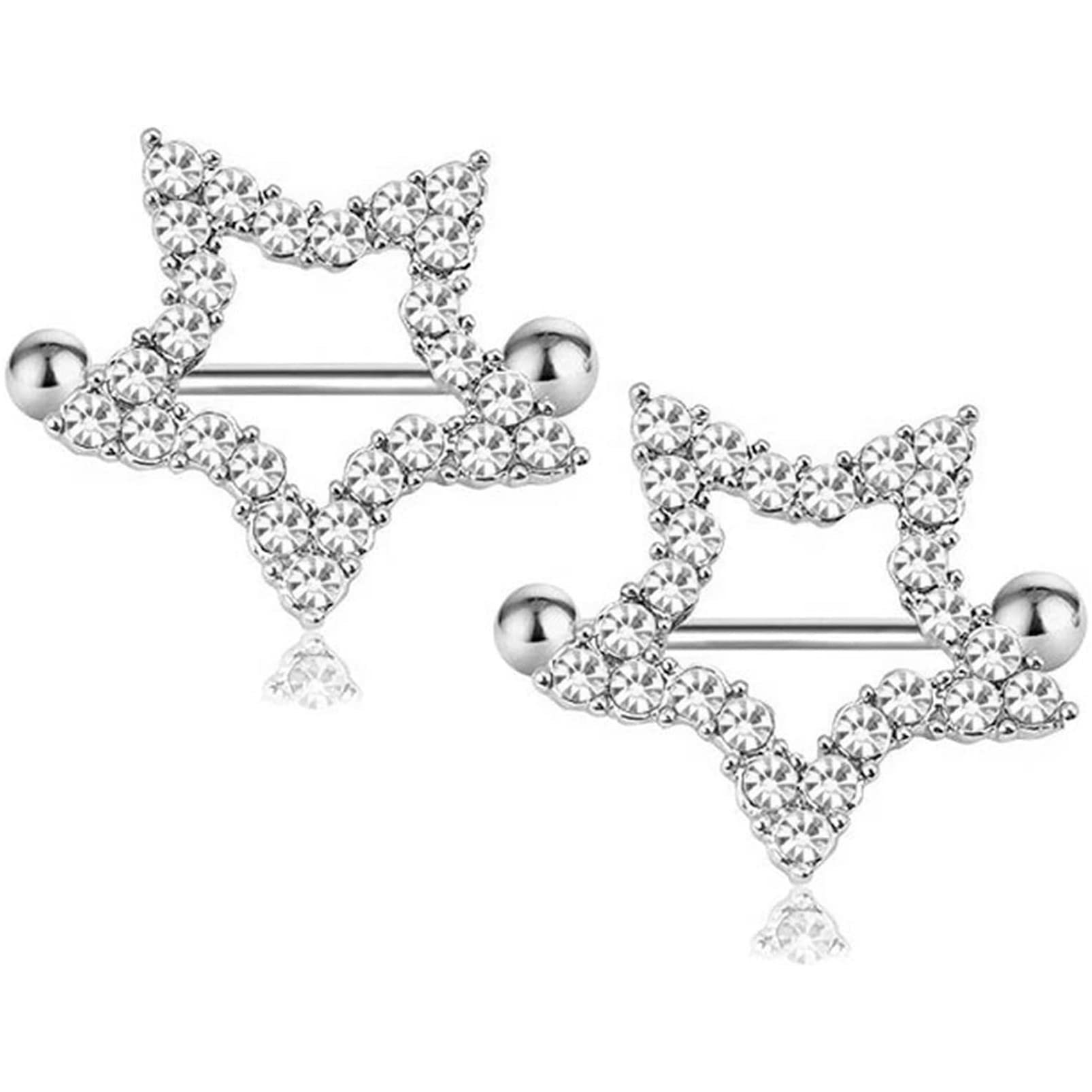 Salwosai 14G Stainless Steel Nipple Rings Glitter CZ Star Straight Barbell Bars Tongue Ring Body Piercing Jewelry