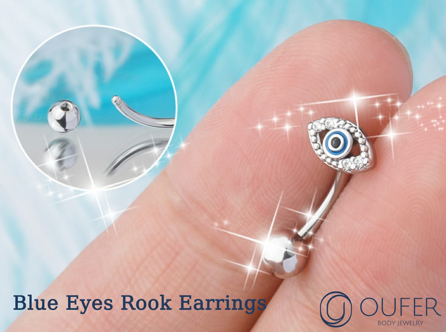 OUFER 16G Rook Earrings, 316L Surgical Steel Eyes Rook Piercing Jewelry, Clear CZ Paved Eyebrow Rings, Curved Barbells, Vertical Labret Lip Piercing Jewelry