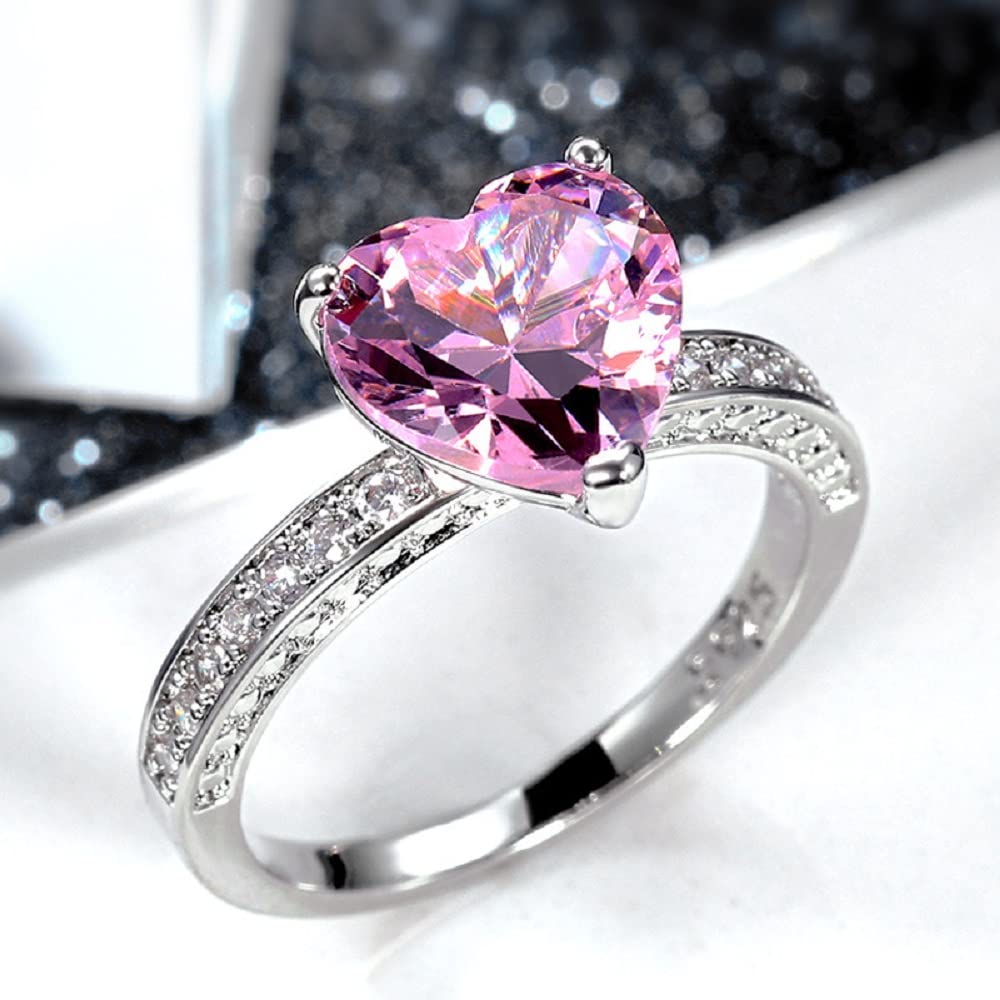 S925 Sterling Silver Wedding Rings Luxury AAA Heart Shaped Pink Diamond Ring CZ Diamond Eternity Wedding Engagement Rings Ladies Fashion Classic Jewelry Size 6-10 CZC710 (6, pink)