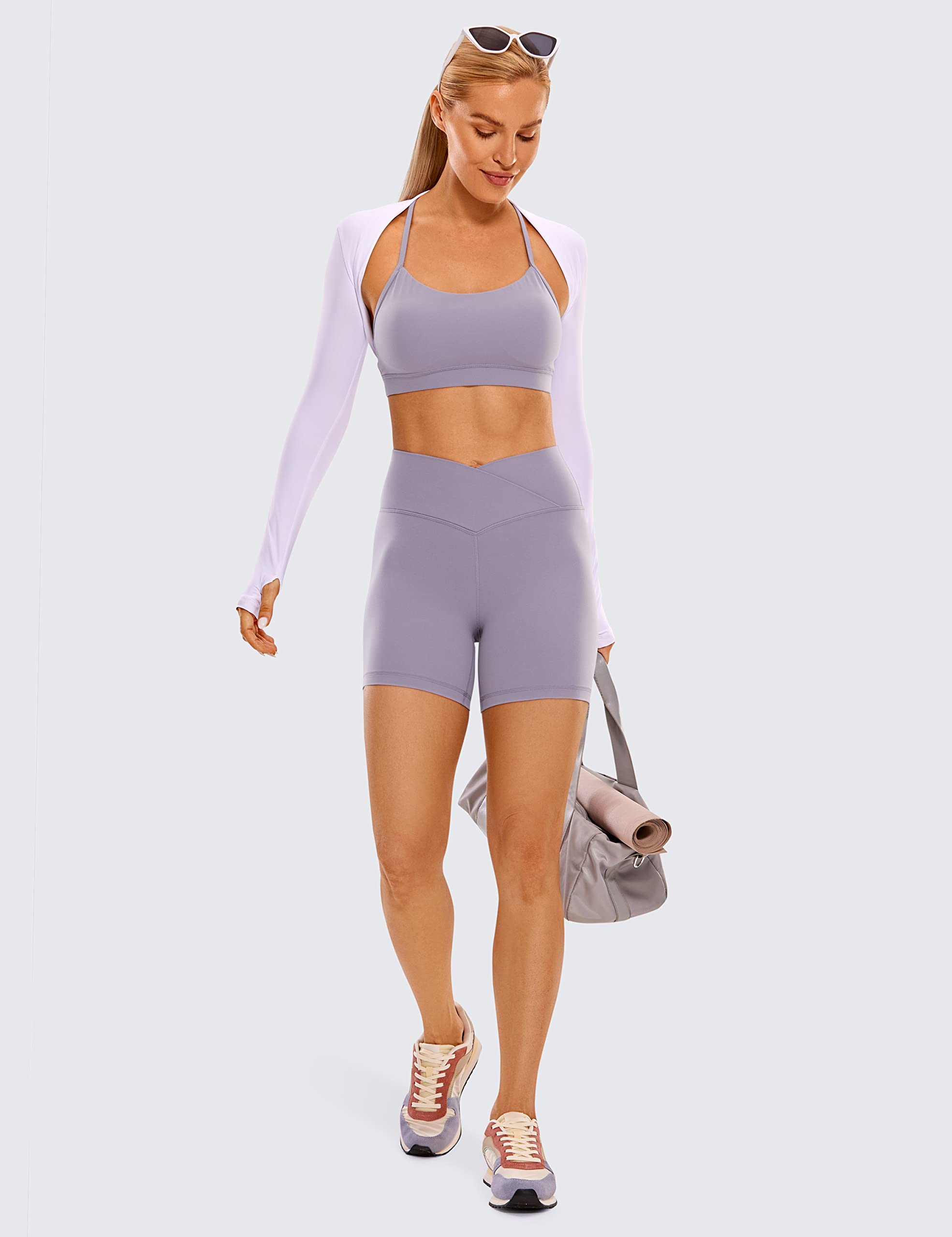 CRZ YOGA Womens Butterluxe Crossover Biker Shorts 5 Inches - Criss Cross High Waisted Workout Yoga Shorts Buttery Soft Lavender Mist X-Small