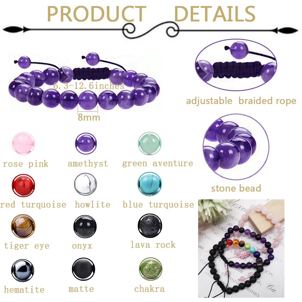 FINZOR 12Pcs 8mm Stone Beads Bracelets for Women Men Semi-precious Gemstone Crystal Beaded Bracelets Lava Rock Tiger Eye Amethyst Chakra Bracelets Unisex Adjustable