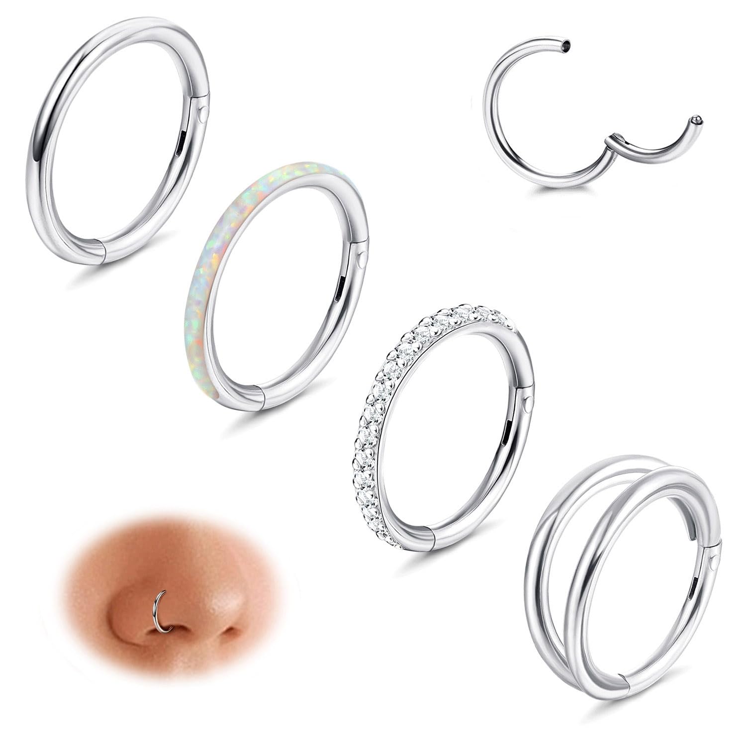 Jstyle 18G 16G Surgical Steel Nose Rings Hoops for Women Opal CZ Septum Rings Clicker Hinged Segment Lip Helix Cartilage Conch Daith Rook Nose Body Piercing Jewelry 18G 8mm