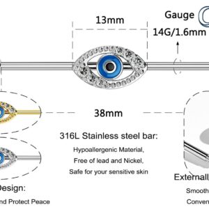 OUFER Eyes Industrial Barbells, 316L Surgical Steel Industrial Earrings, Clear CZ Paved 14G Gold Industrial Piercing Jewelry, Cartilage Earrings