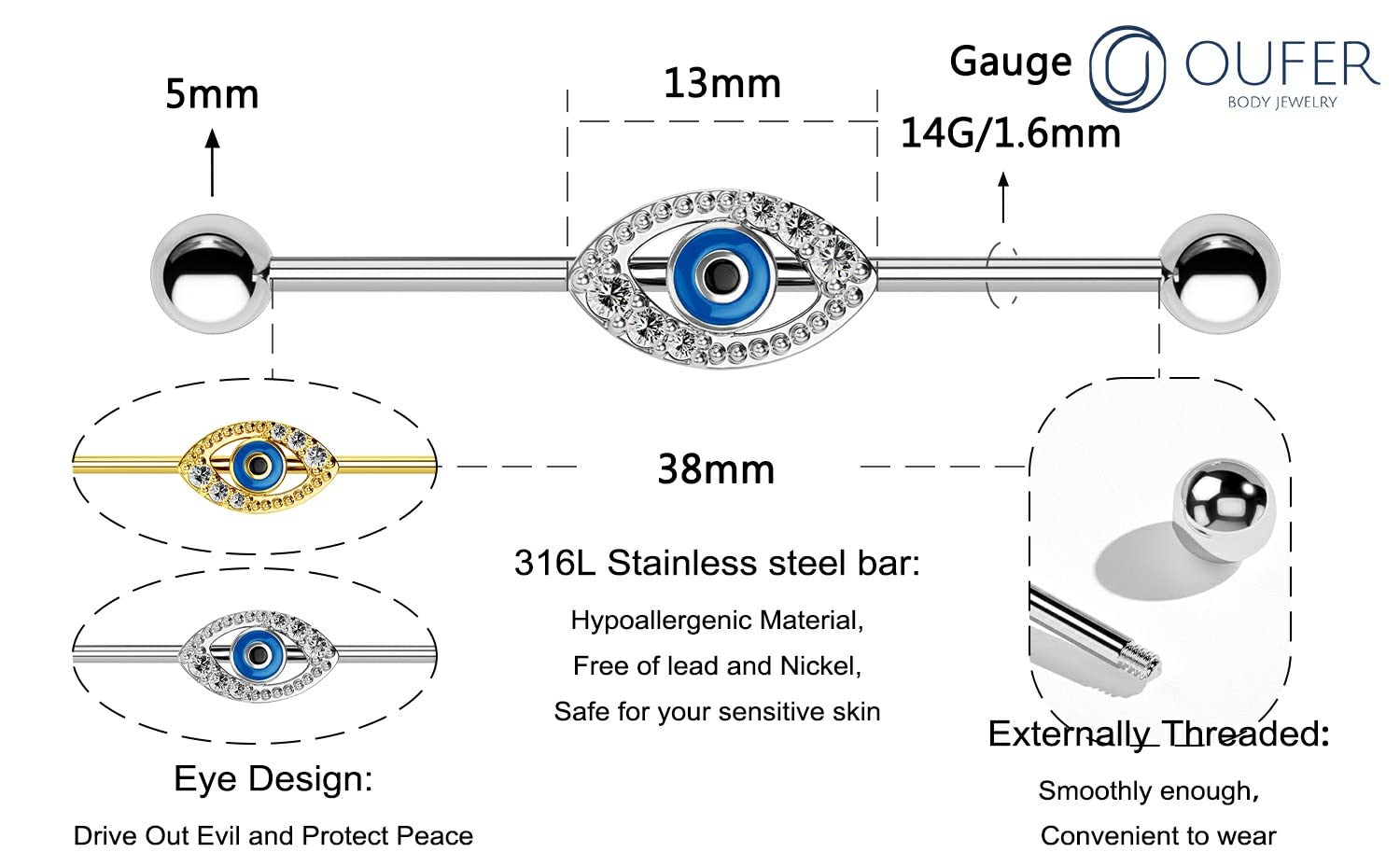 OUFER Eyes Industrial Barbells, 316L Surgical Steel Industrial Earrings, Clear CZ Paved 14G Gold Industrial Piercing Jewelry, Cartilage Earrings