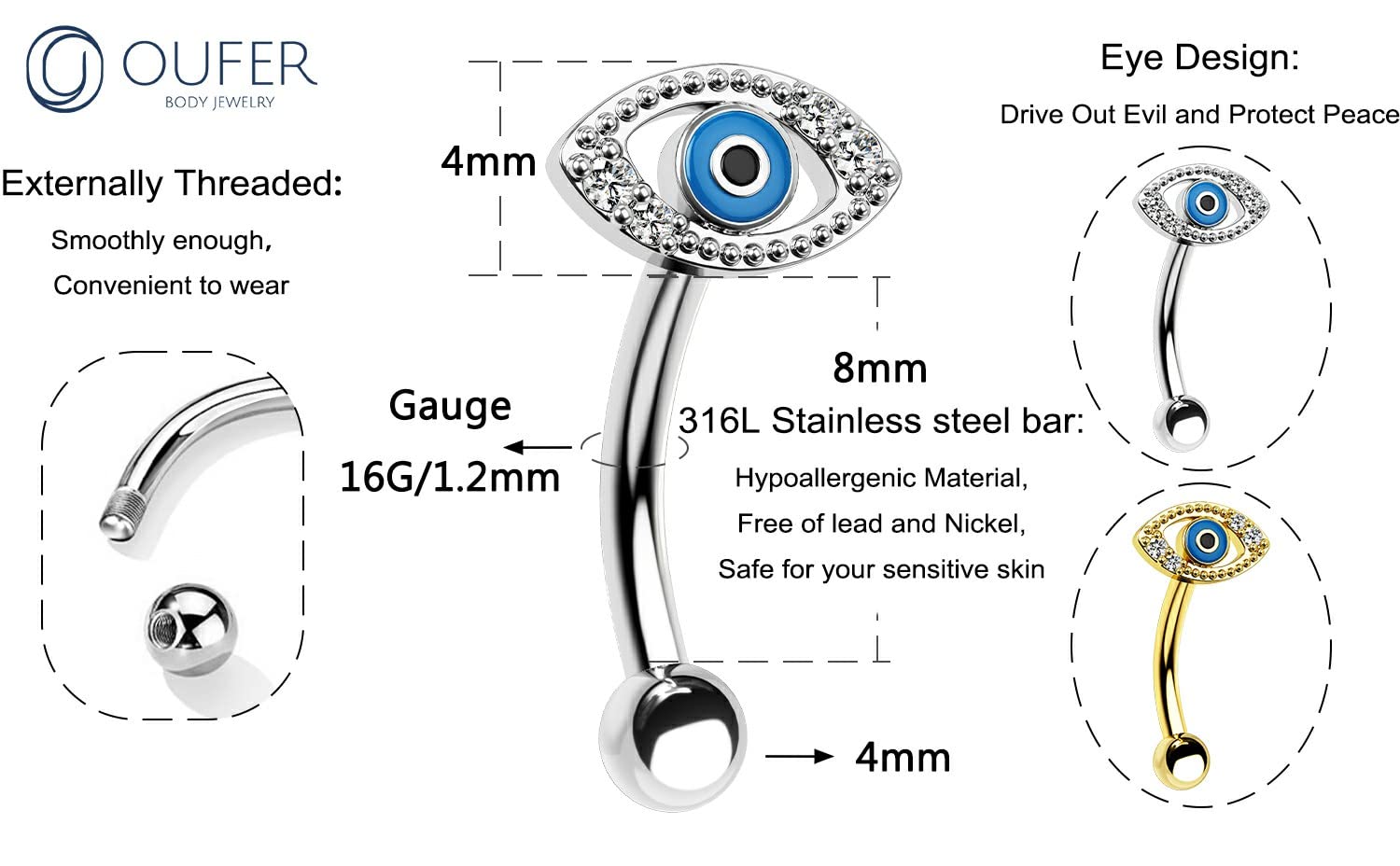 OUFER 16G Rook Earrings, 316L Surgical Steel Eyes Rook Piercing Jewelry, Clear CZ Paved Eyebrow Rings, Curved Barbells, Vertical Labret Lip Piercing Jewelry