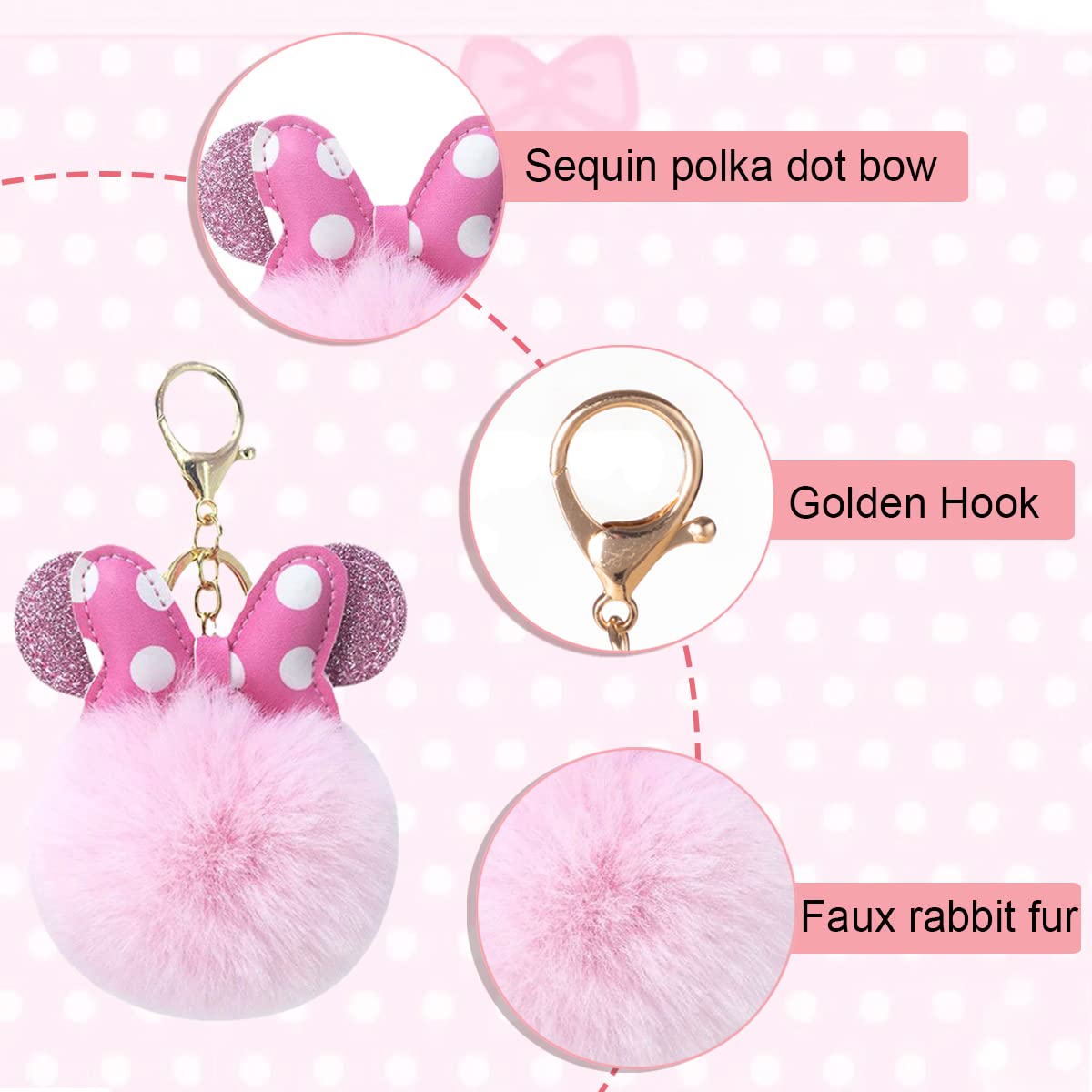 Sunwel Fashion Cute Pom Pom Keychain- Mouse Ears & Polka-dot Bow Fluffy Fur Ball Keyring Charm Handbag Pendant (BEIGE/PINK)