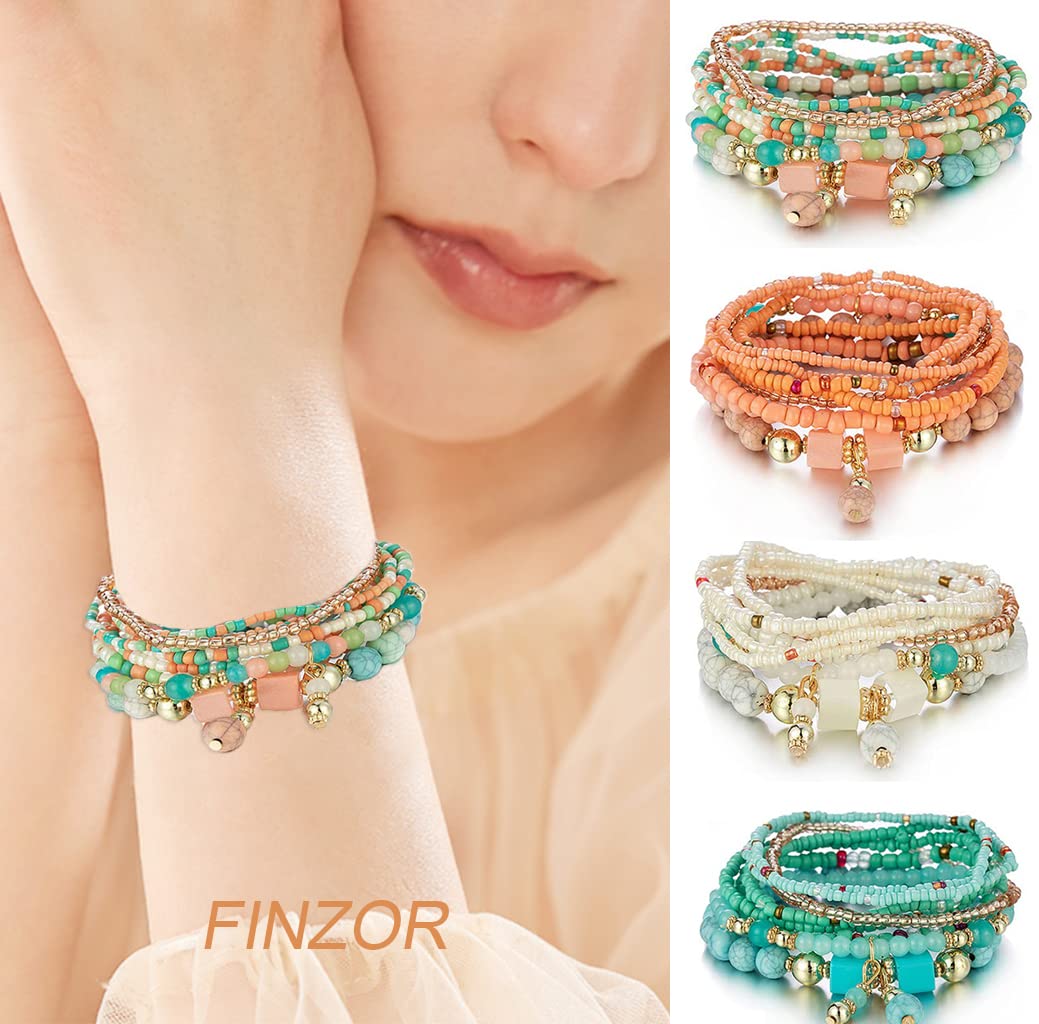 FINZOR 8 Sets Bohemian Stackable Bead Bracelets for Women Bohemian Bracelets Stretch Multi Layered beads Bracelet Set Boho Multicolor Jewelry