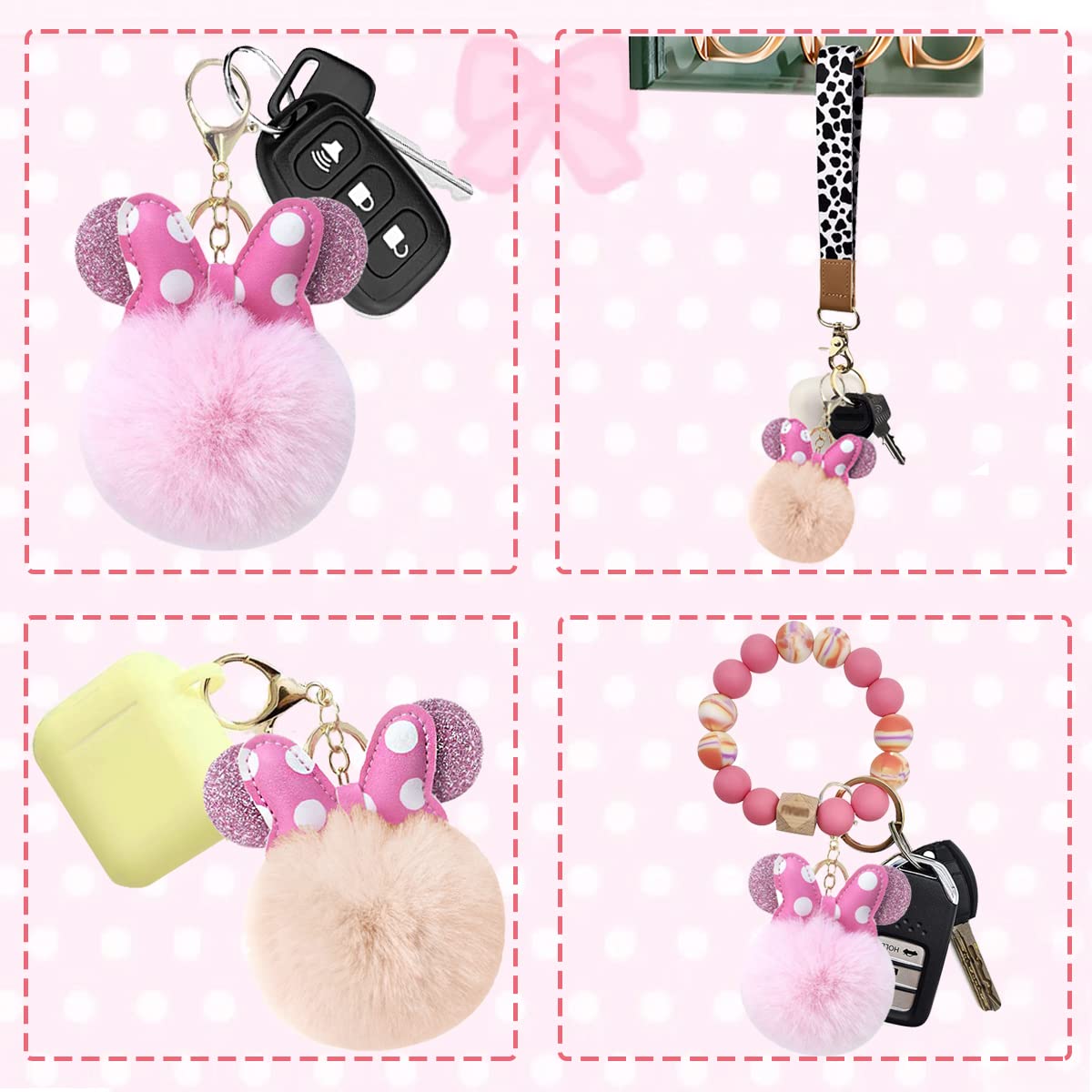 Sunwel Fashion Cute Pom Pom Keychain- Mouse Ears & Polka-dot Bow Fluffy Fur Ball Keyring Charm Handbag Pendant (BEIGE/PINK)