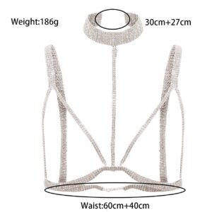 Chargances Silver Crystal Body Chain Necklace Sparkly Sexy Bra Body Chest Chain Bikini Rhinestone Body Chain Accessories for Women and Girls Party Prom Beach (Silver)