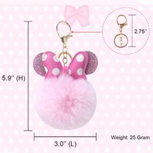 Sunwel Fashion Cute Pom Pom Keychain- Mouse Ears & Polka-dot Bow Fluffy Fur Ball Keyring Charm Handbag Pendant (BEIGE/PINK)