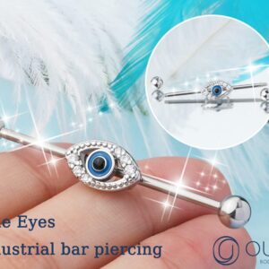 OUFER Eyes Industrial Barbells, 316L Surgical Steel Industrial Earrings, Clear CZ Paved 14G Gold Industrial Piercing Jewelry, Cartilage Earrings