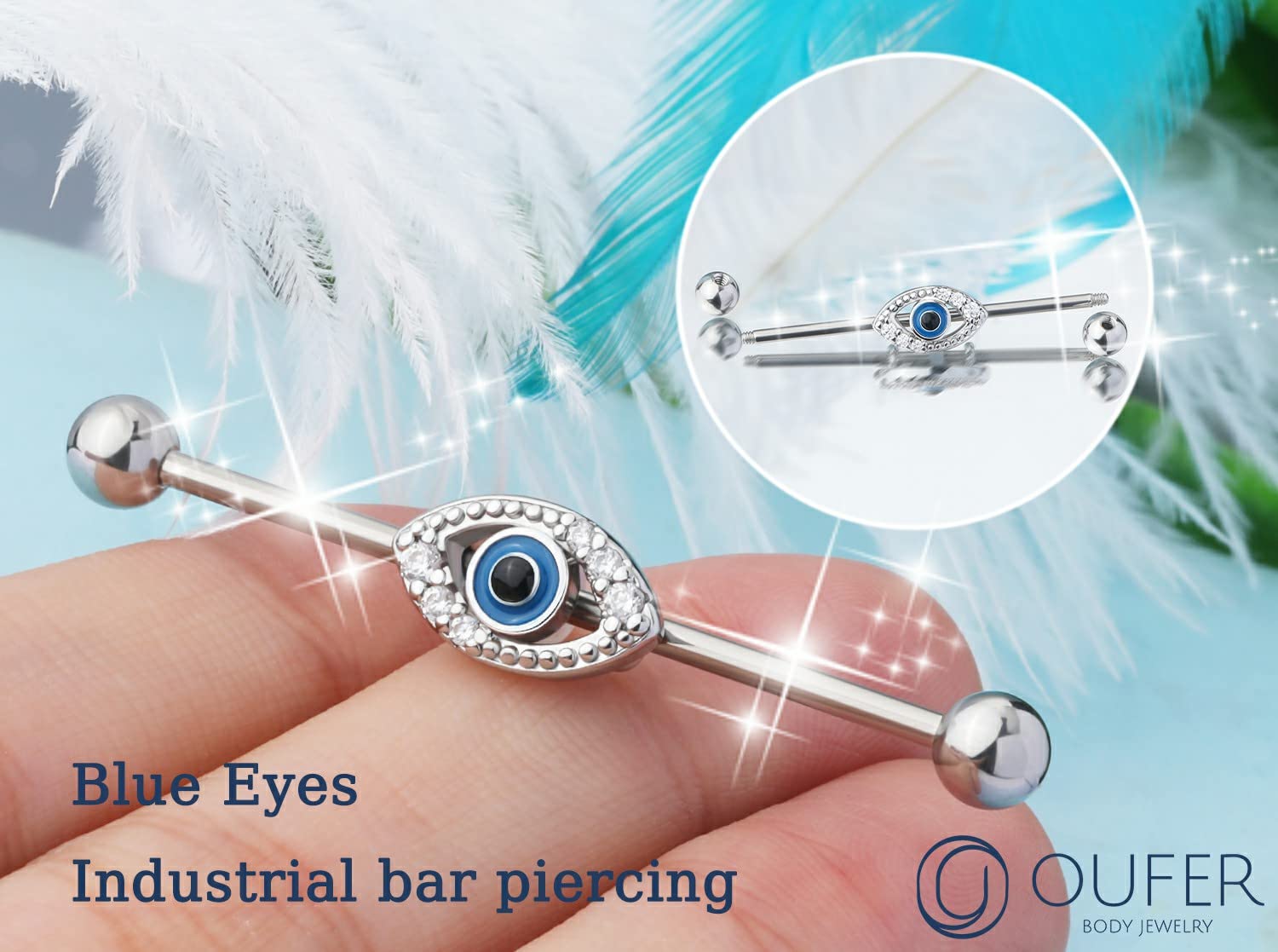 OUFER Eyes Industrial Barbells, 316L Surgical Steel Industrial Earrings, Clear CZ Paved 14G Gold Industrial Piercing Jewelry, Cartilage Earrings