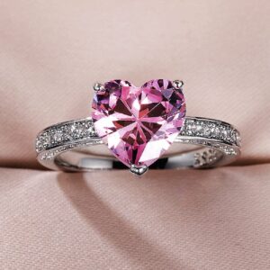 S925 Sterling Silver Wedding Rings Luxury AAA Heart Shaped Pink Diamond Ring CZ Diamond Eternity Wedding Engagement Rings Ladies Fashion Classic Jewelry Size 6-10 CZC710 (6, pink)