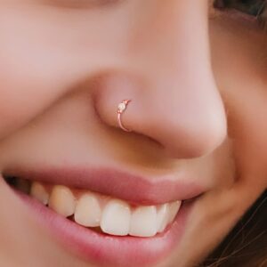 LAOPAZ White Opal Nose Ring 14k Rose Gold Piercing Hoop - 24 Gauge Nose Jewelry For Women Men - Handmade Nose Rings…