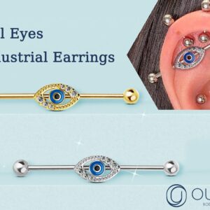 OUFER Eyes Industrial Barbells, 316L Surgical Steel Industrial Earrings, Clear CZ Paved 14G Gold Industrial Piercing Jewelry, Cartilage Earrings