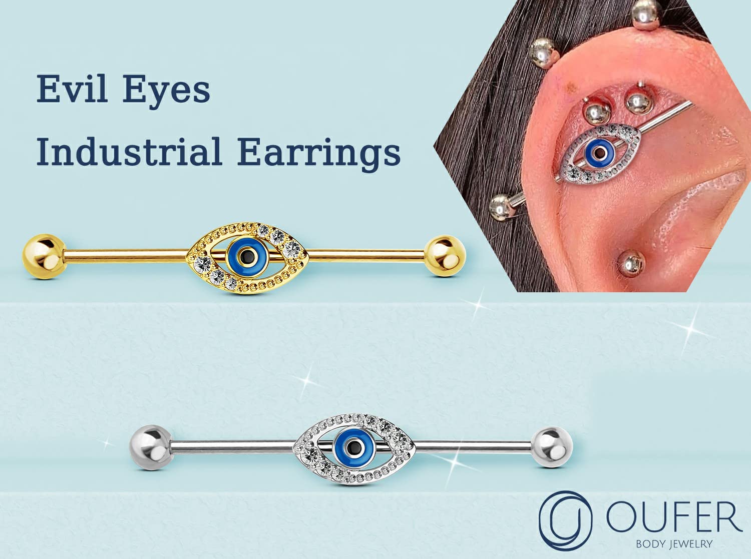 OUFER Eyes Industrial Barbells, 316L Surgical Steel Industrial Earrings, Clear CZ Paved 14G Gold Industrial Piercing Jewelry, Cartilage Earrings