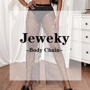 Jeweky Crystal Body Chain Sparkly Pant Chains Rave Mesh Pants Elastic See Through Body Jewelry Nighclub Body Accessories for Women