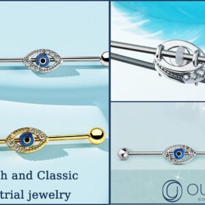 OUFER Eyes Industrial Barbells, 316L Surgical Steel Industrial Earrings, Clear CZ Paved 14G Gold Industrial Piercing Jewelry, Cartilage Earrings