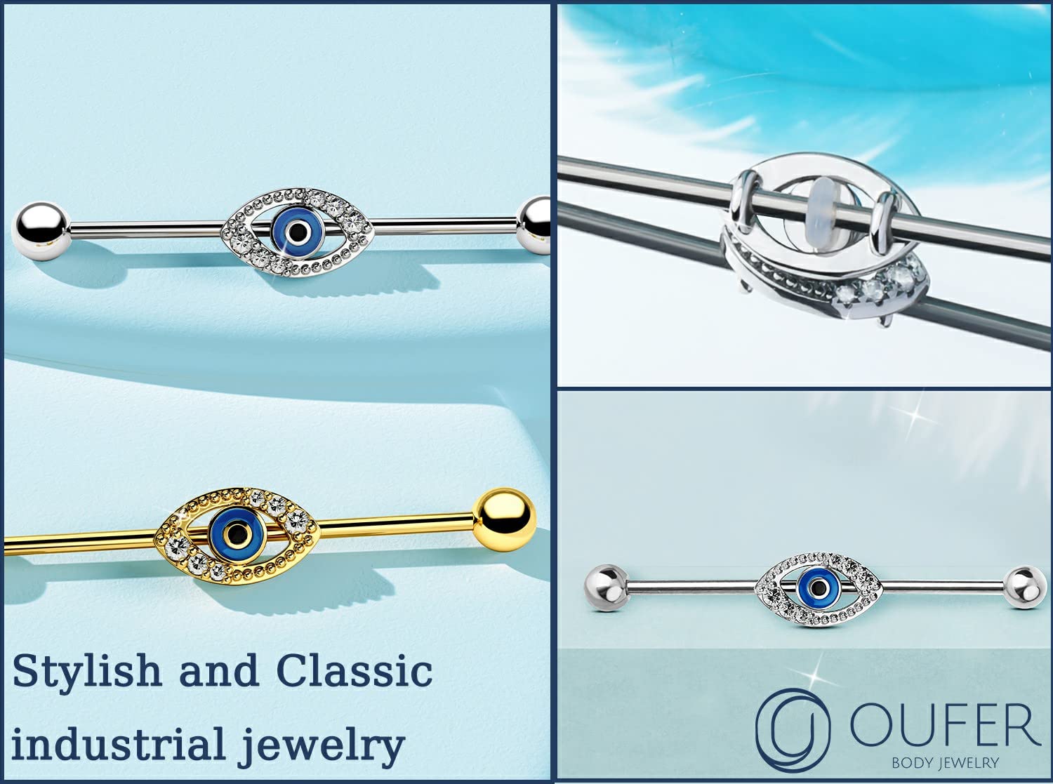 OUFER Eyes Industrial Barbells, 316L Surgical Steel Industrial Earrings, Clear CZ Paved 14G Gold Industrial Piercing Jewelry, Cartilage Earrings