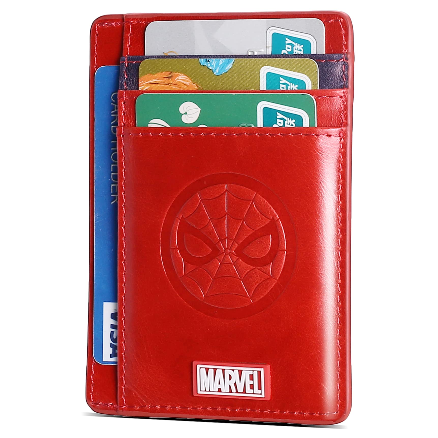 IRON SPIDER Men's Wallet，Monolayer Slim Minimalist Front Pocket RFID Blocking Leather Pocket Wallet with Superhero SPIDER RED