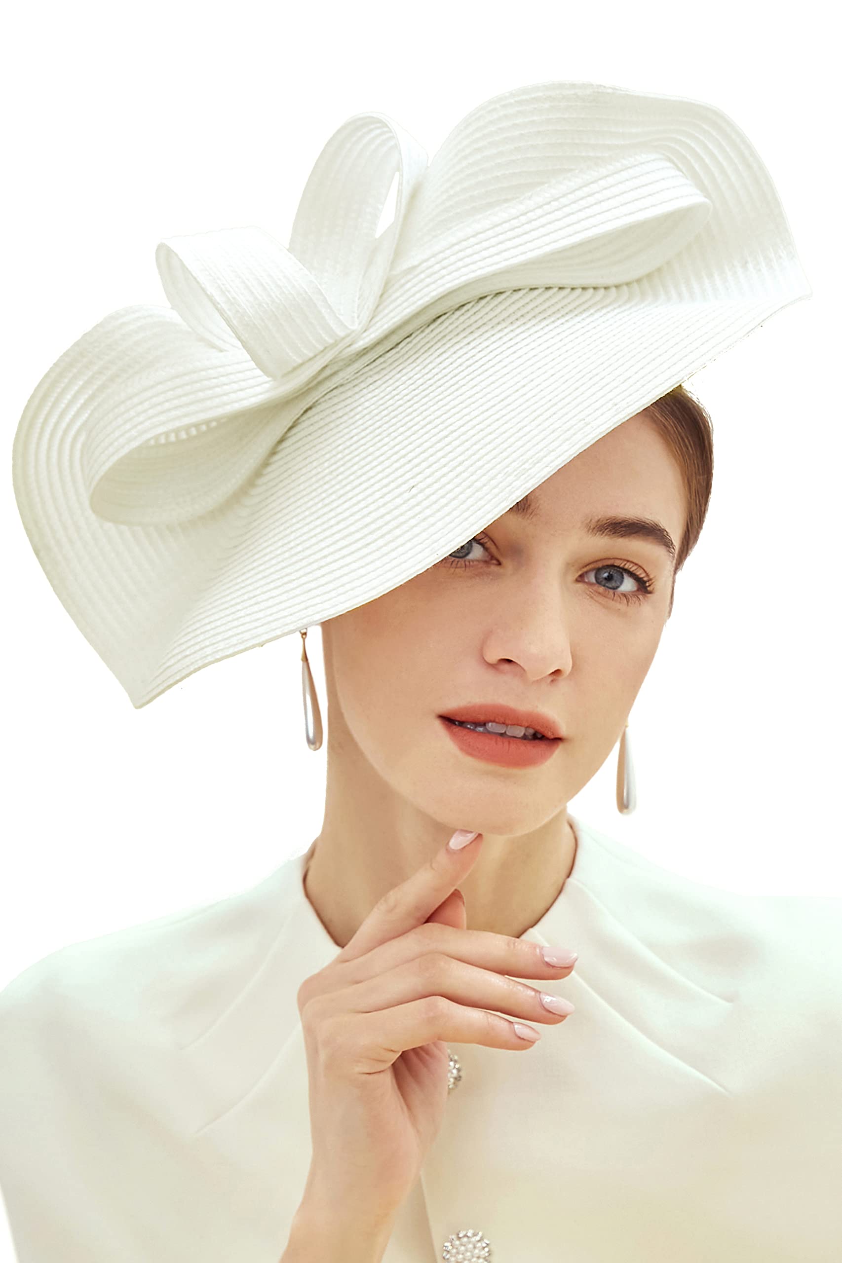 BABEYOND Tea Party Fascinator Kentucky Hat Women’s Fascinator Straw Derby Pillbox Hat for Cocktail Wedding Off-White