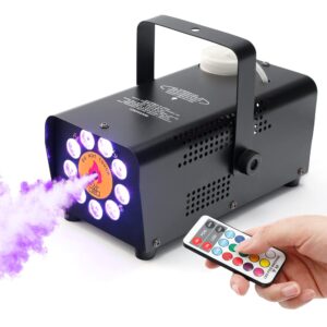 tcfundy fog machine with 9 led lights, 500w smoke machine with 12 color lights effect for halloween wedding dj party stage, portable fog machine outdoor with 2-in-1 remote control (horizontal)