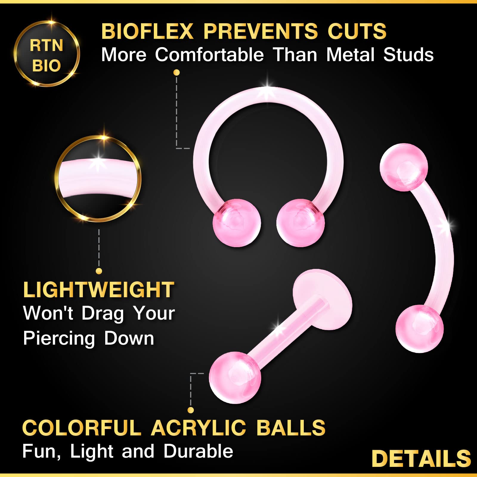 BanaVega 6PCS Bioplastic Pink Curved Piercing Acrylic 16 Gauge 5/16 8mm Ball Helix Septum Earrings Cartilage Jewelry 8322