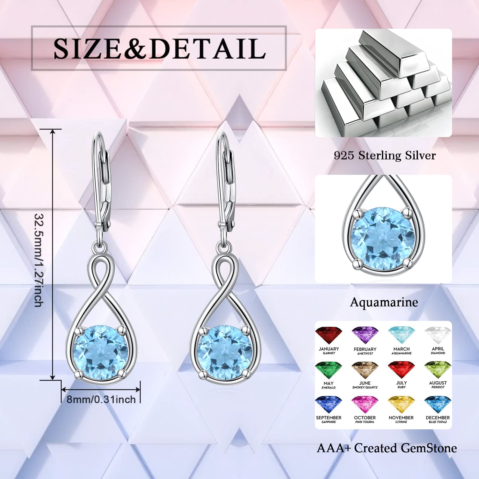 Created Aquamarine Dangle Drop Earrings 925 Sterling Silver March Birthstone Earrings Birthday Earrings Jewelry Gifts for Women