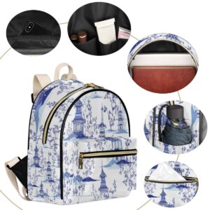 Funky Qiu Backpack Purse for Woman Chinoiserie Vintage Pagodas Tree PU Leather Fashion Mini Backpack Casual Bag