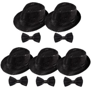 10 Pcs Unisex Sequin Fedora Hat Sequin Bow Ties Set Bling Retro Dance Jazz Cap Funky Party Costume Fedora (Medium, 5Pack Black)