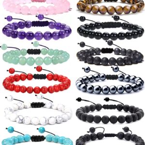 FINZOR 12Pcs 8mm Stone Beads Bracelets for Women Men Semi-precious Gemstone Crystal Beaded Bracelets Lava Rock Tiger Eye Amethyst Chakra Bracelets Unisex Adjustable