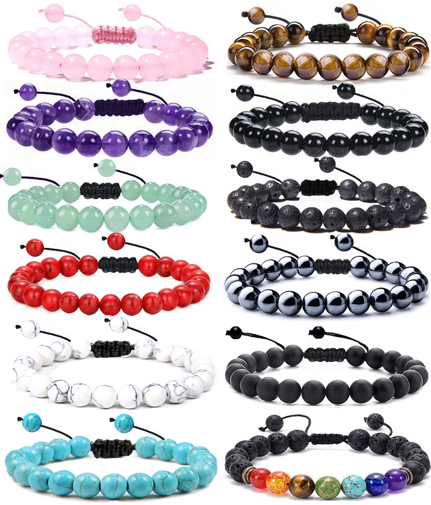 FINZOR 12Pcs 8mm Stone Beads Bracelets for Women Men Semi-precious Gemstone Crystal Beaded Bracelets Lava Rock Tiger Eye Amethyst Chakra Bracelets Unisex Adjustable