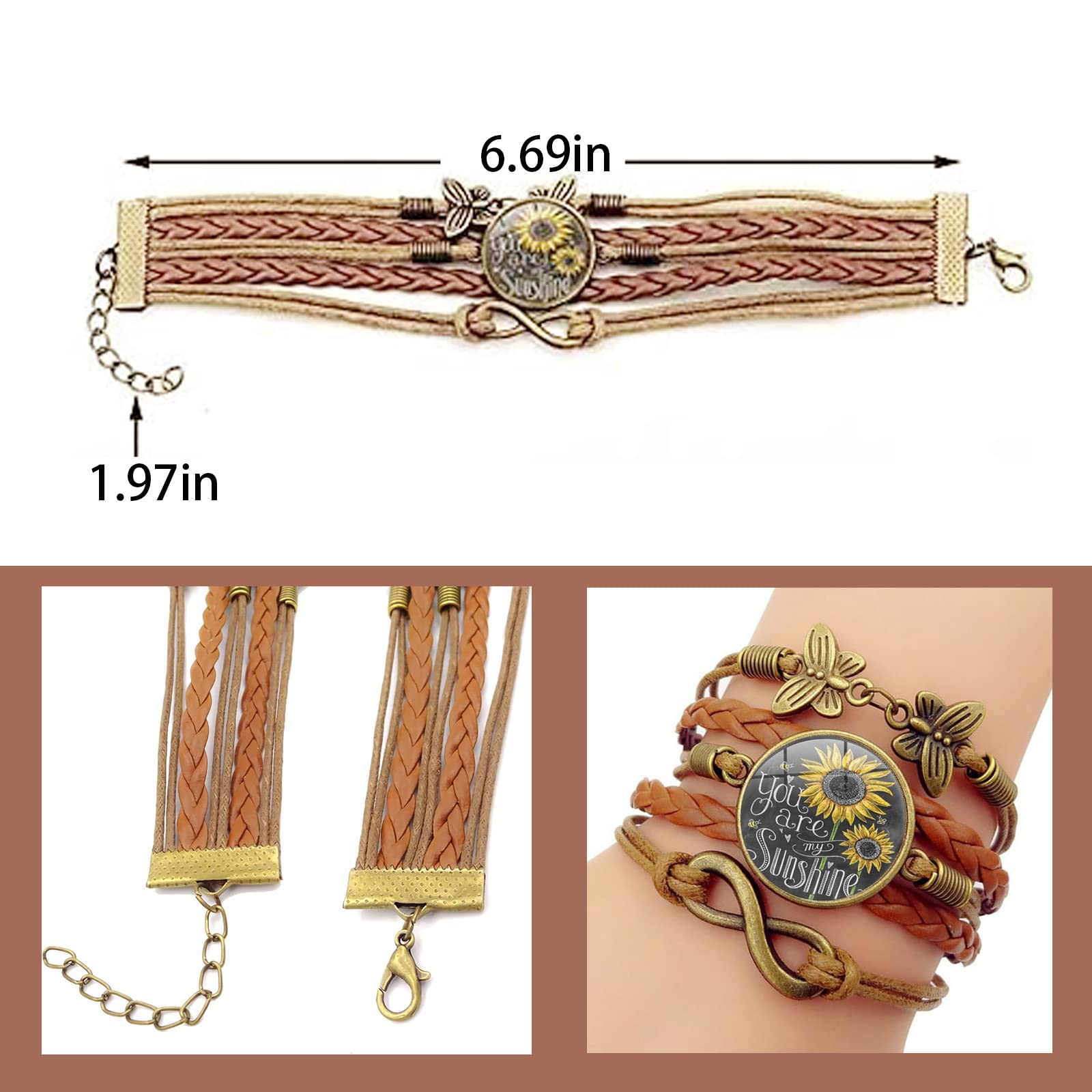 FUNDI 2 PCS Sunflower Bracelet PU Leather Sunflower Gifts Bracelets Jewelry for Women, Friendship Sunflower Butterfly Bracelet Vintage Infinity Symbol Butterfly Bracelet for Woman Valentine's Day