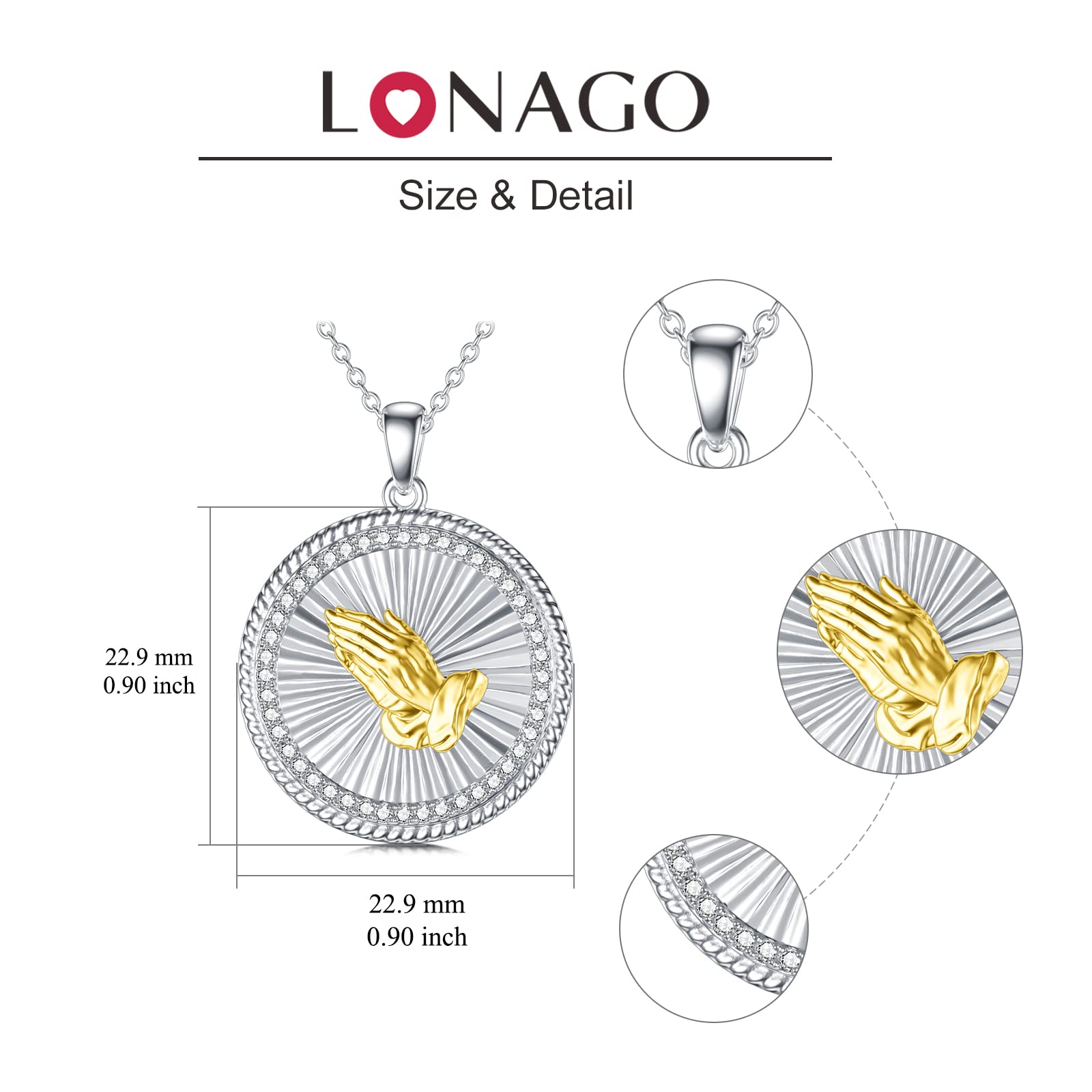 LONAGO Serenity Prayer Necklace with Praying Hands Coin Pendant, Praying Hands and Lord's Prayer Medal Pendant Necklace for Women