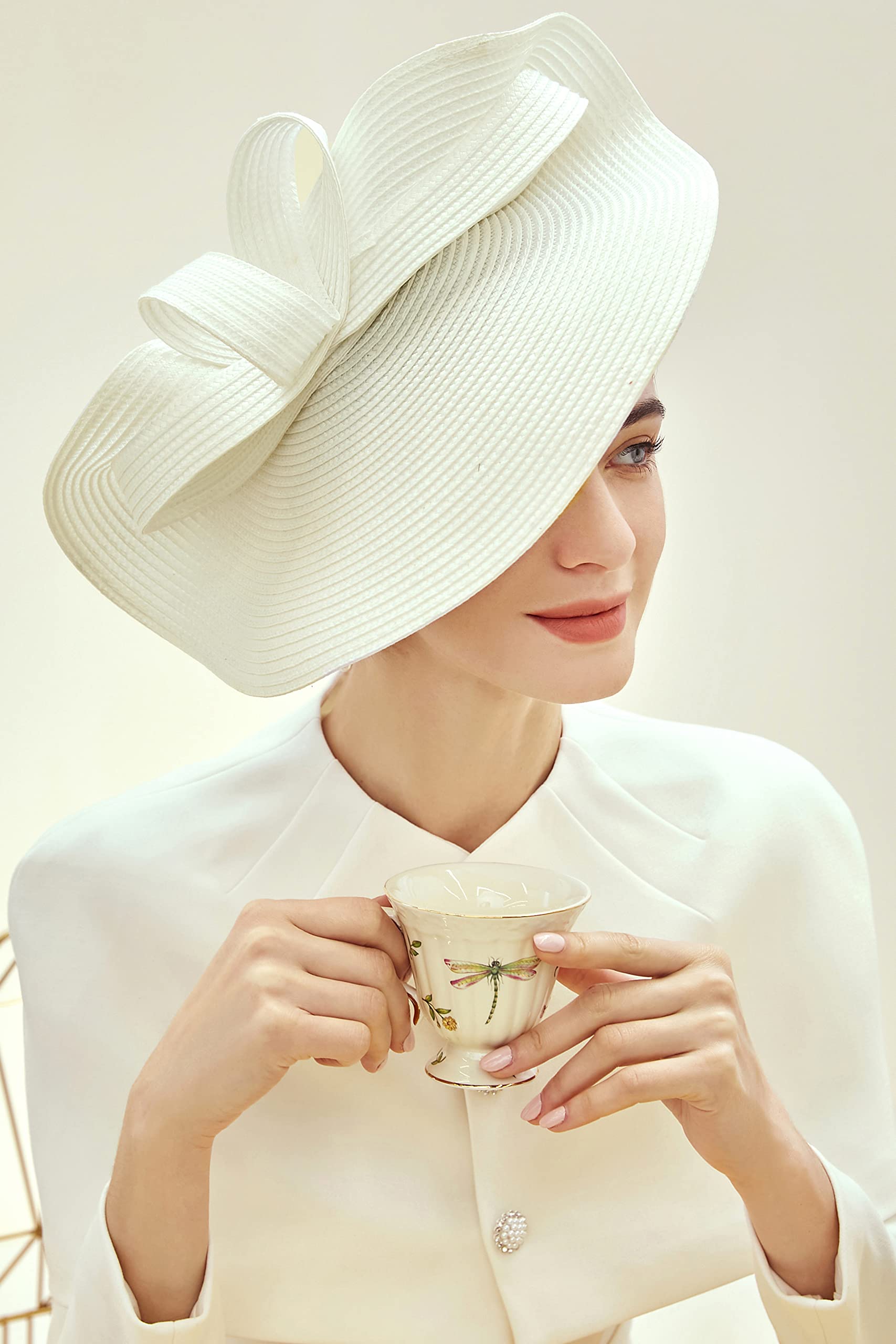 BABEYOND Tea Party Fascinator Kentucky Hat Women’s Fascinator Straw Derby Pillbox Hat for Cocktail Wedding Off-White