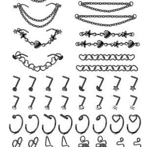 20G Nose Ring Nose Chain Piercing Across CZ L Shaped Nose Stud Small Nose Hoop African Cuff Ring Stainless Steel Double Heart Star Nose Ring Chain Piercing Jewelry Set for Women Men 32 Pcs(black)