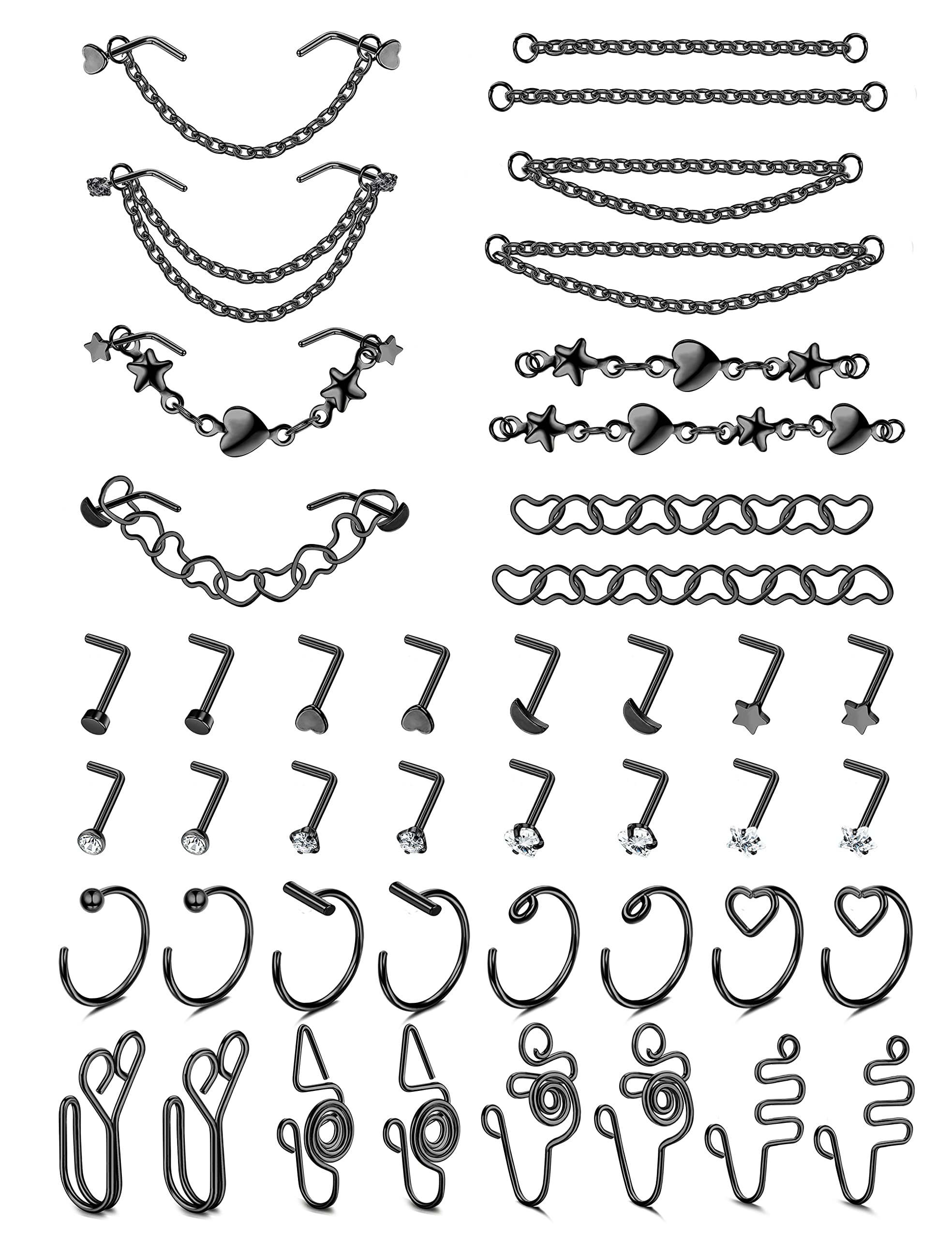 20G Nose Ring Nose Chain Piercing Across CZ L Shaped Nose Stud Small Nose Hoop African Cuff Ring Stainless Steel Double Heart Star Nose Ring Chain Piercing Jewelry Set for Women Men 32 Pcs(black)