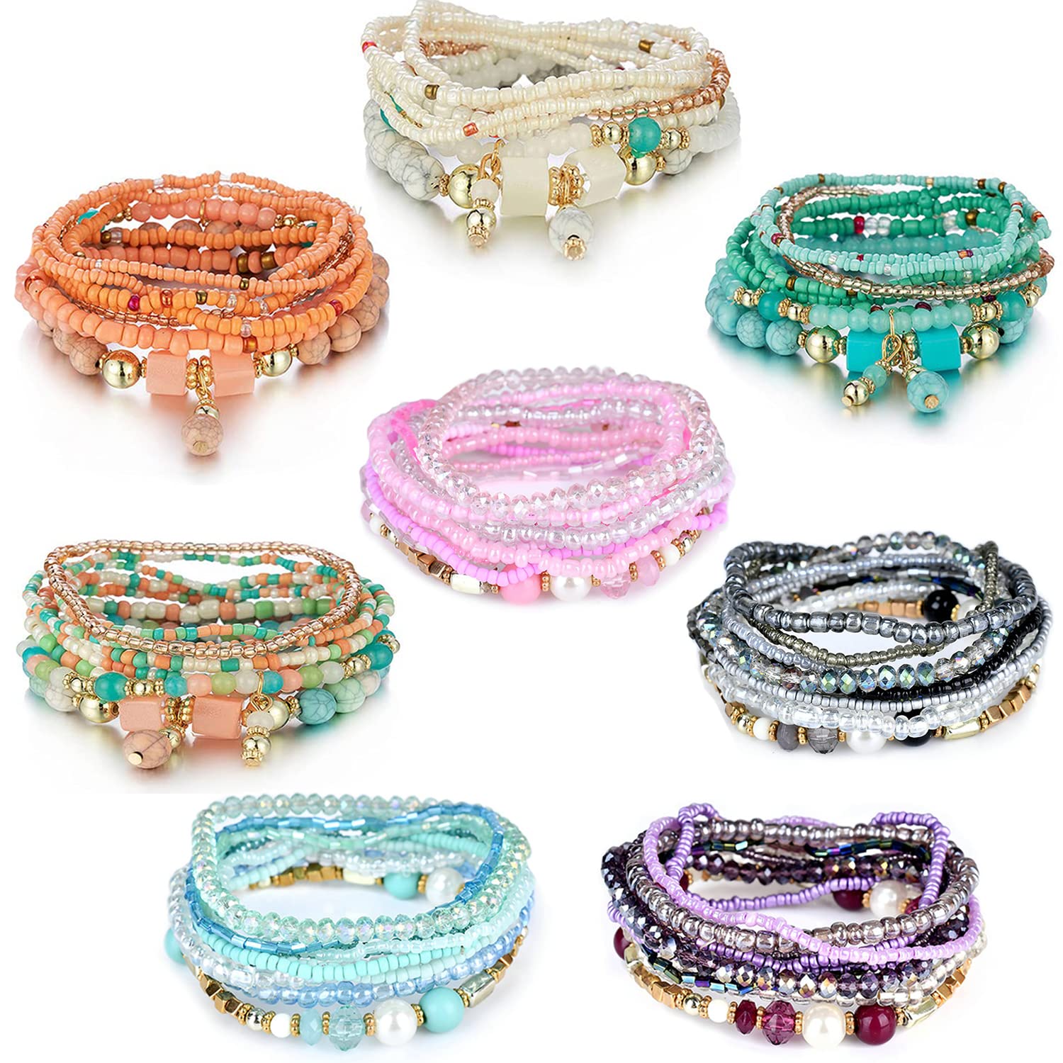 FINZOR 8 Sets Bohemian Stackable Bead Bracelets for Women Bohemian Bracelets Stretch Multi Layered beads Bracelet Set Boho Multicolor Jewelry