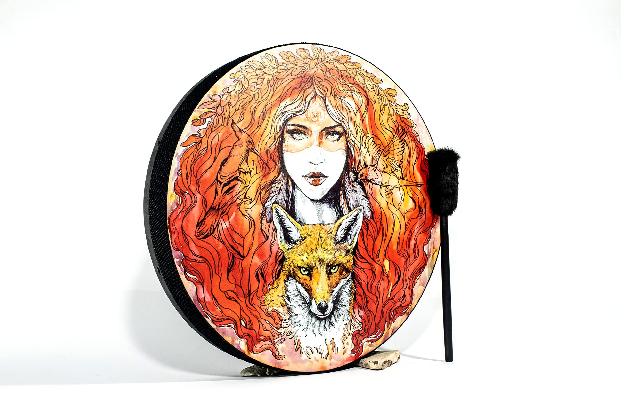 Shaman Vegan "Red Fox Spirit" Drum 20'' | Sound Healing Tool | Tunable Membrane | Vixen Totem Frame Drum | Music Therapy Instrument | With a Soft Protecting Bag