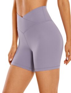 crz yoga womens butterluxe crossover biker shorts 5 inches - criss cross high waisted workout yoga shorts buttery soft lavender mist x-small