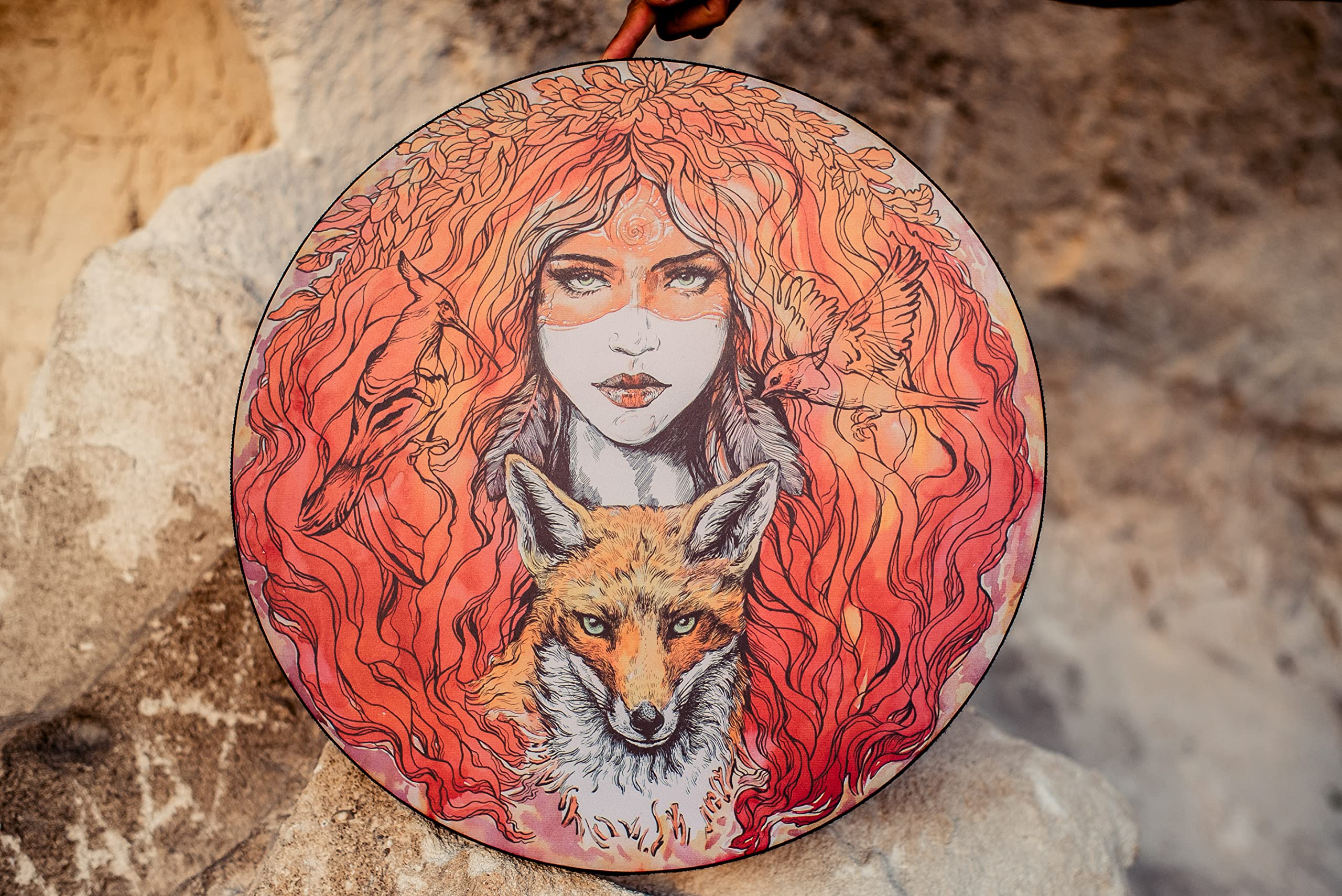 Shaman Vegan "Red Fox Spirit" Drum 20'' | Sound Healing Tool | Tunable Membrane | Vixen Totem Frame Drum | Music Therapy Instrument | With a Soft Protecting Bag