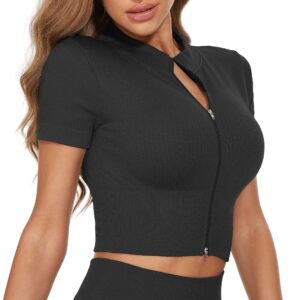 Crop Tops for Women-Short Sleeve Workout Tops Zipper Ribbed V Neck Shirts for Running,Tennis,Yoga,Golf