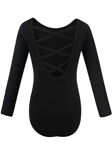 tanzdunsje Girls Dance Leotard Long Sleeve Black Ballet Leotard Crisscross Straps Back Dance Top Gymnastics for Girl Toddler Women (Black, 130)