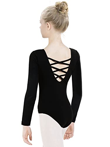 tanzdunsje Girls Dance Leotard Long Sleeve Black Ballet Leotard Crisscross Straps Back Dance Top Gymnastics for Girl Toddler Women (Black, 130)