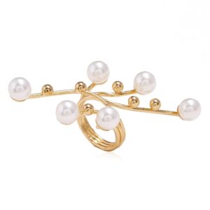 XUN Zhe Vintage Pearl Finger Rings,Statement Imitation Pearls Band Ring Wedding Party Jewelry for Women Gifts (Gold)