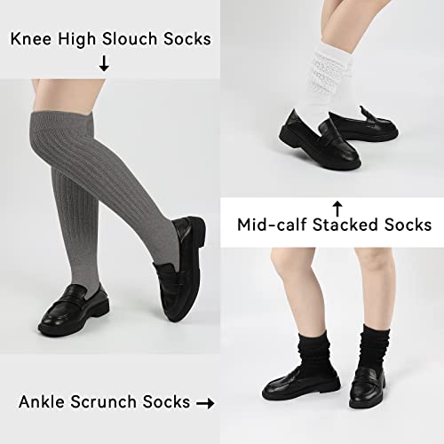 KEREDA Slouch Socks Women Knee High Scrunch Scrunchie Socks 3 Pairs Size 6-11 Black-Grey-White