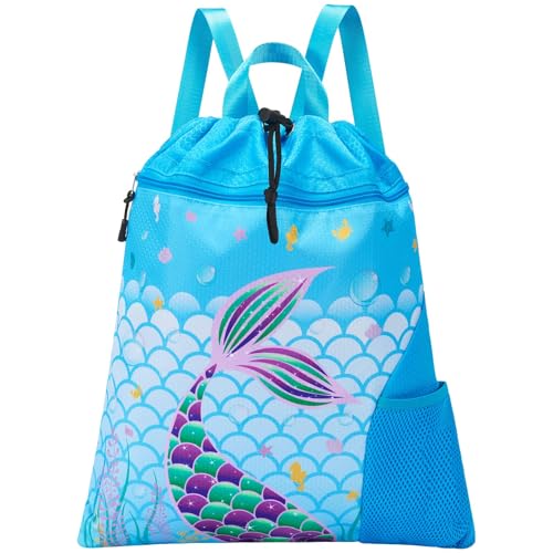 WAWSAM Mermaid Gym Drawstring Backpack - 15” × 17” Sports Gym Bag for Girls Kids Waterproof Swimming Beach Sackpack Birthday Christmas Gift with Zippered Pocket and Water Bottle Pocket